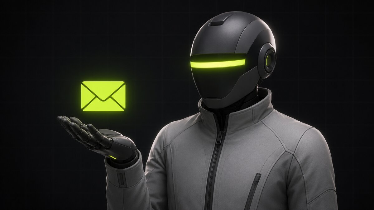 The robot assistant holding a glowing envelope above its open palm